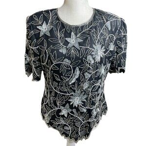 LAURENCE KAZAR Vintage Sequined Beaded Silk Blouse - Size XL
